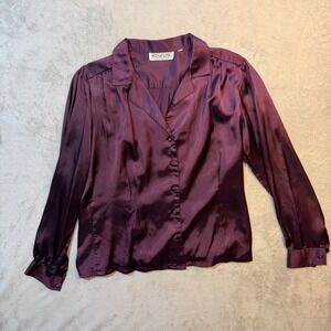 Dark Academia Chaus Vintage 80s Plum Purple Satin  Blouse Long Sleeve Top Womens